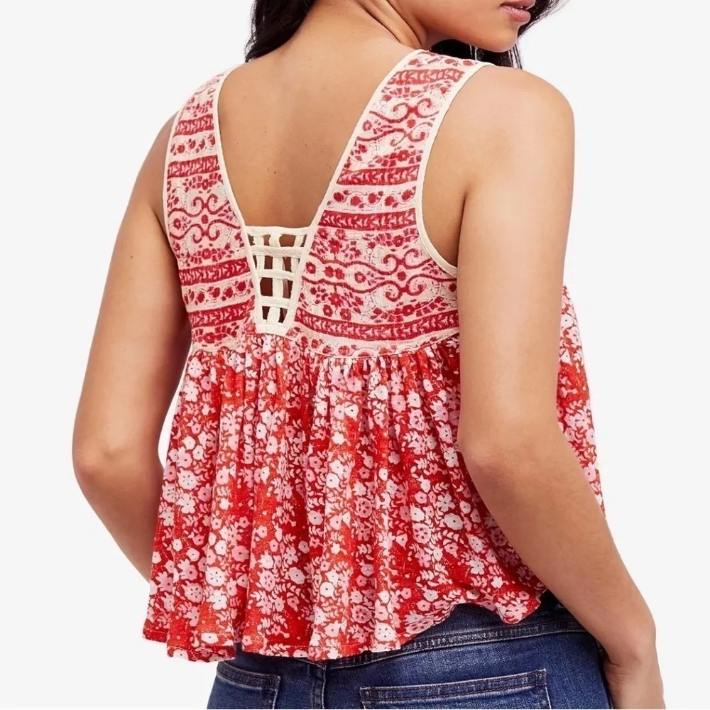 Free People Lucky Coin Sleeveless Top XS linen red floral tank blouse flowy boho